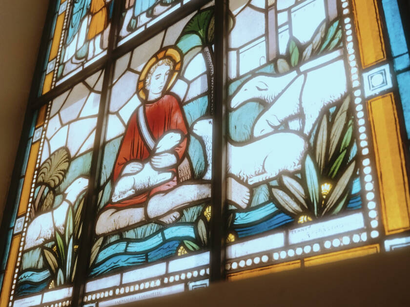 A stained-glass window in a church.