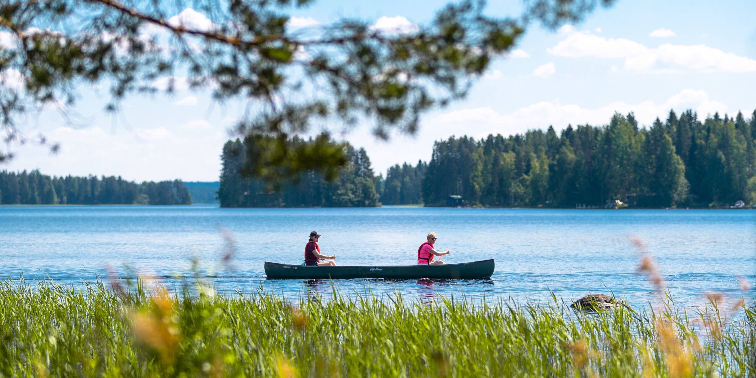 Vene, jossa kaksi ihmistä järvellä. Etualalla kaislikkoa, puita ja järven takana puita.
