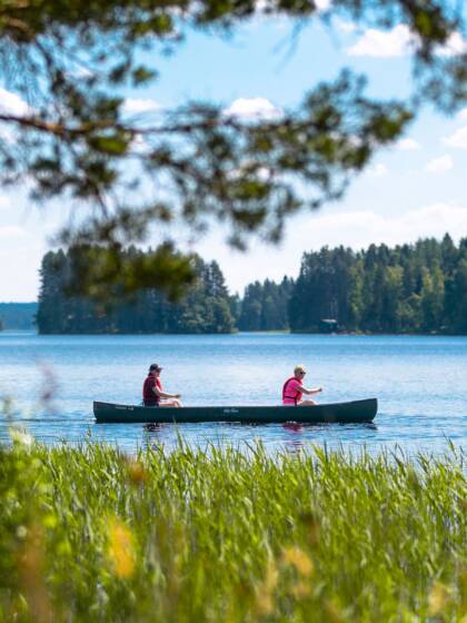 Vene, jossa kaksi ihmistä järvellä. Etualalla kaislikkoa, puita ja järven takana puita.