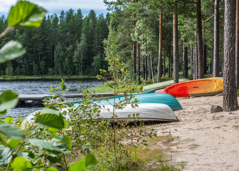 Metsäinen ranta, hiekalla veneitä pohja taivasta kohti.