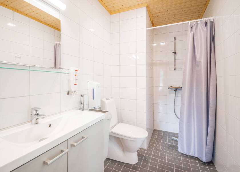 Vaalea wc-tila. Suihku, vesanpönttö ja lavuaari jonka päällä peili.