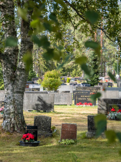 Hautausmaalla hautakiviä ja kukkia ja puita.