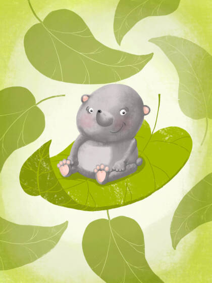 Illustration by Marjo Nygård. An animal character is sitting on a green leaf floating in the air.