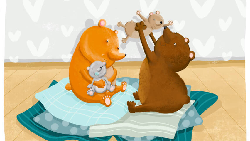 Illustration by Marjo Nygård. Animal characters—adults and babies—together.