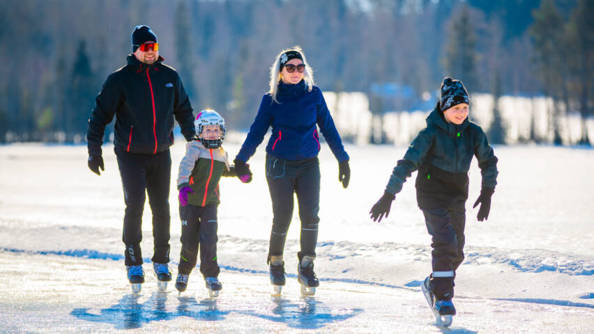 Kaksi aikuista ja kaksi lasta luistelemassa.