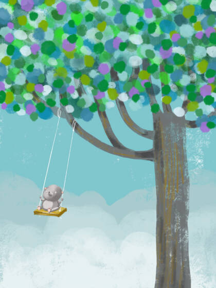 Illustration by Marjo Nygård. An animal character is swinging on a swing attached to the branch of a large tree.