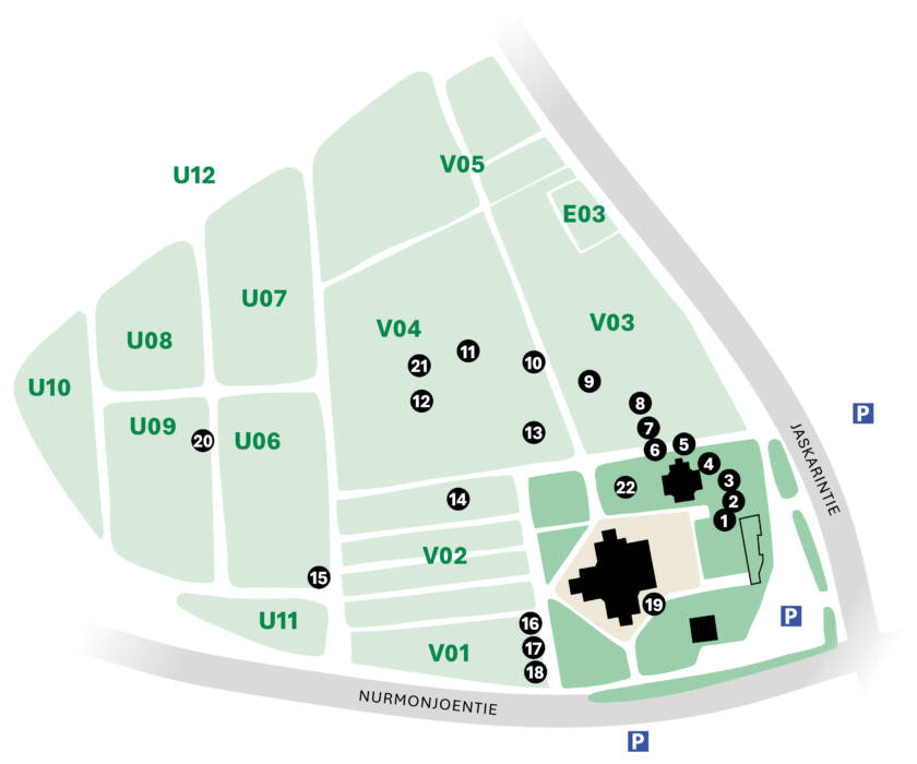 Piirretty kartta jossa on numeroitu merkittävien henkilöiden hautoja Nurmon hautausmaalla.