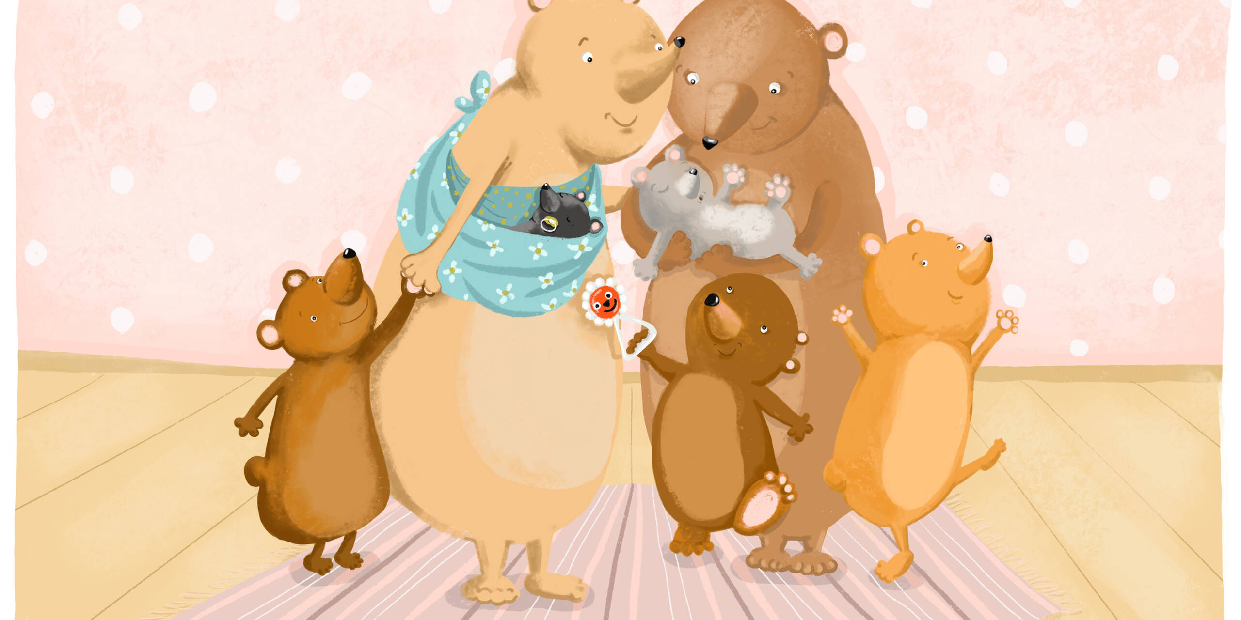 Illustration by Marjo Nygård. Animal characters, including two adults, three children, and one baby.