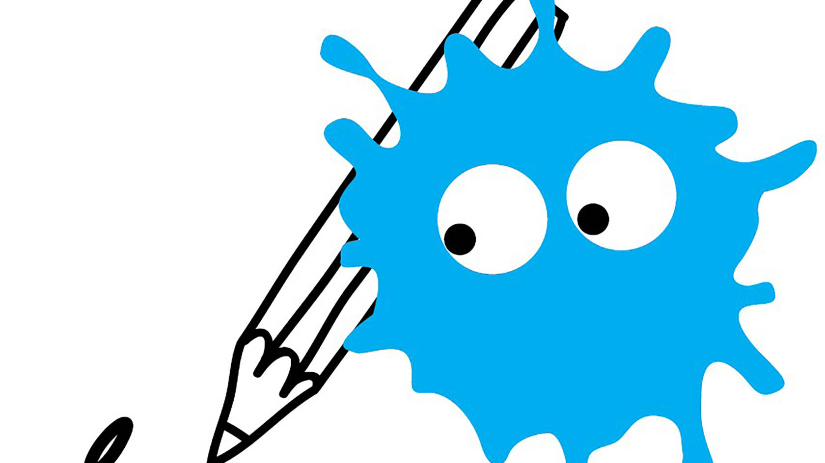 Piirretty sininen hahmo piirtää isolla kynällä.