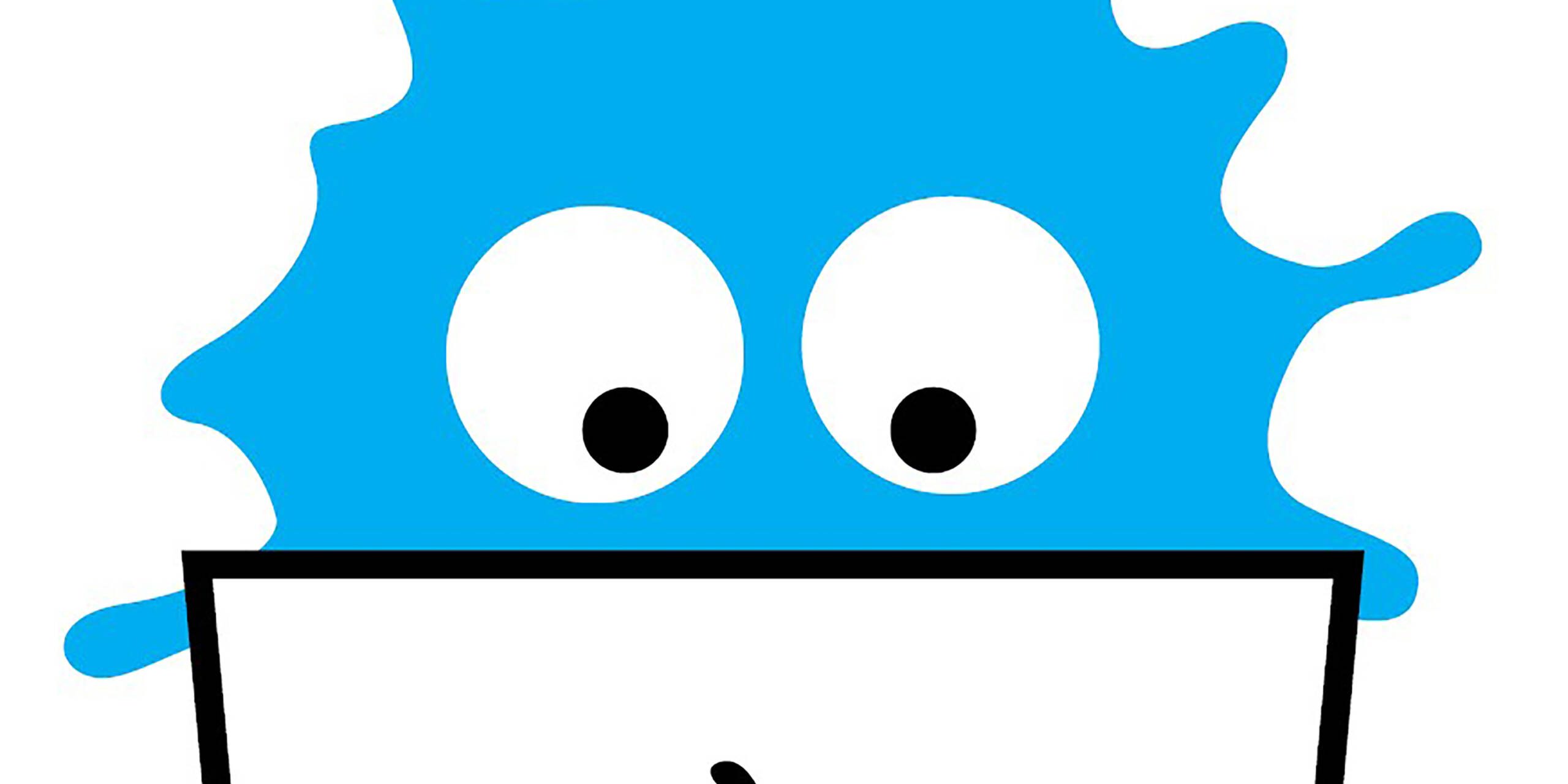 Blue cartoon character with a computer.