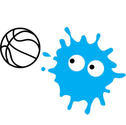 Sininen piirroshahmo pallon kanssa.