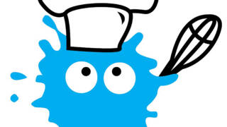 Sininen piirroshahmo kokinhatun ja vispilän kanssa.