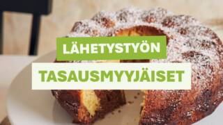 Kuivakakku valkoisella tarjottimella. Päällä teksti: LÄHETYSTYÖN TASAUSMYYJISET