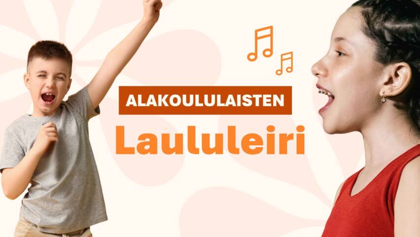 Kaksi lasta, toinen laulaa toinen käsi ilmassa ja toinen kuvattuna sivusta päin laulamassa. Teksti: Alakoululaisten laululeiri
