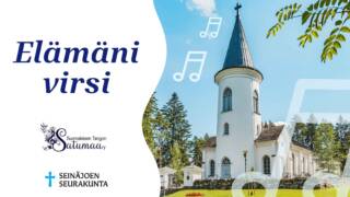 Vaalea kirkkorakennus. Teksti: Elämäni virsi. Suomalaisen tangon Satumaa Ry:n logo ja Seinäjoen seurakunnan logo.