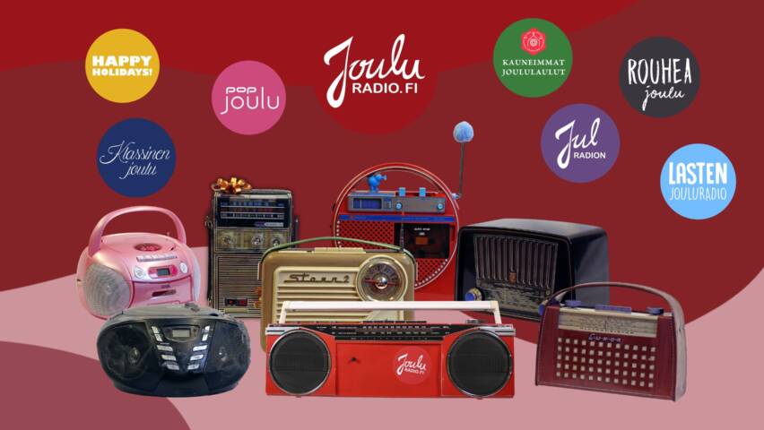 Erilaisia radioita punaisella taustalla. teksti: jouluradio.fi ja kanavien nimet lueteltu: Happy Holidays!, Pop joulu, Kauneimmat joululaulut, Rouhea joulu, Klassinen joulu, Jul radion, lasten jouluradio
