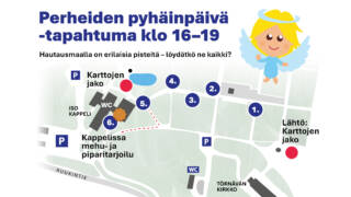 Piirretty kartta Törnävän hautausmaasta jossa on viisi numeroitua pistettä ja kolme muuta pistettä. Kartan otsikkona: Perheiden pyhäinpäivä -tapahtuma klo 16-19 ja enkelipiirros