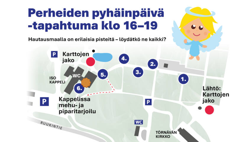 Piirretty kartta Törnävän hautausmaasta jossa on viisi numeroitua pistettä ja kolme muuta pistettä. Kartan otsikkona: Perheiden pyhäinpäivä -tapahtuma klo 16-19 ja enkelipiirros